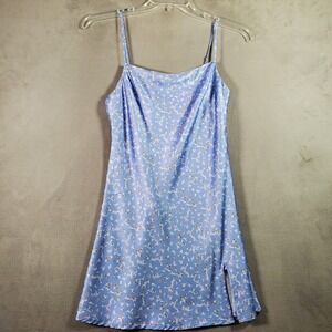 Hello Molly‎ Y2K Slip Dress Womens S Blue Floral Satin Mini Slit Coquette Fairy